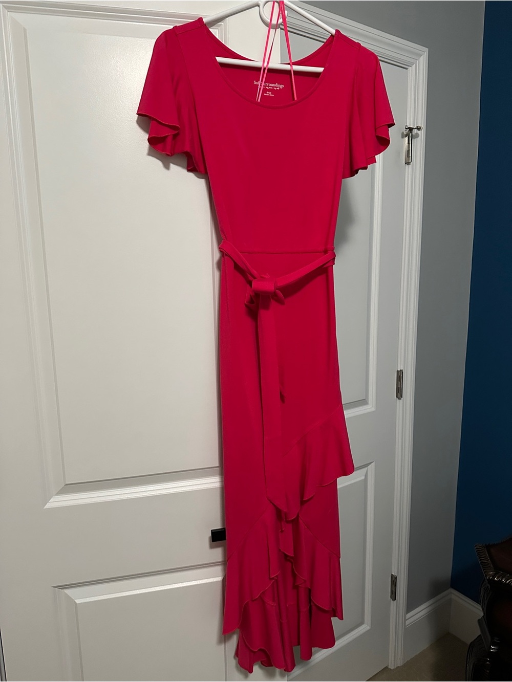 Soft Surroundings Hot Pink Ruffle Maxi Dress with Tie
